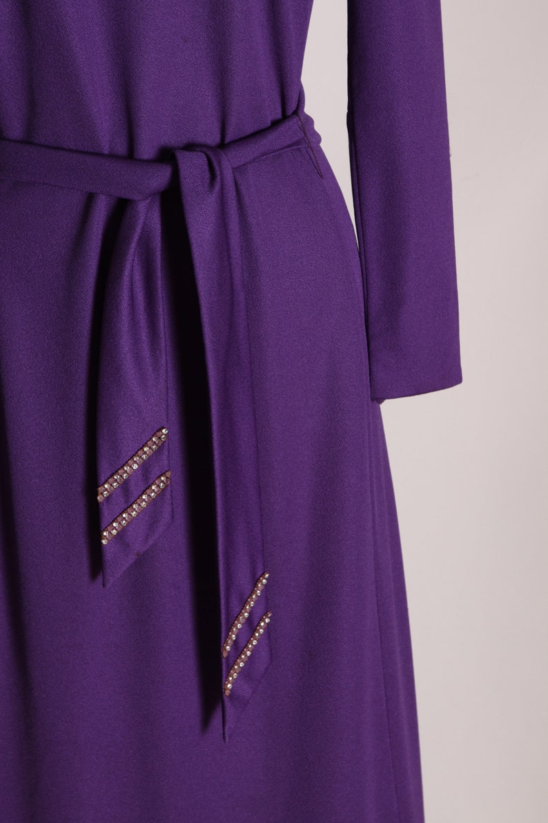 1970s Purple Long Sleeve Ruffle Hem Full Length Rhinestone Belted Dress by Edith Flagg M image 4