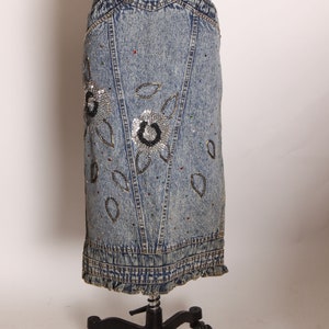 1980s Blue Denim Acid Wash Rainbow Bedazzled Silver and Black Floral Flowed Sequin Pencil Skirt by Pat & Janet L image 2