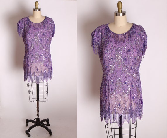 1980s Purple Sequin and Beaded Fringe Flapper Styl