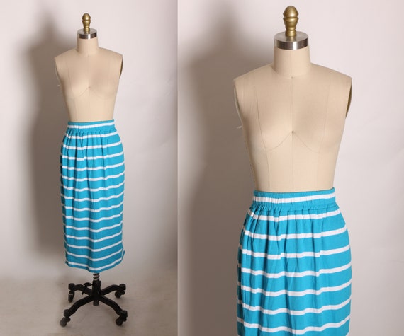 Deadstock 1980s Turquoise Blue and White Striped Elastic Waist Stretchy Wiggle Skirt by J.J. Little Modular Knits -M