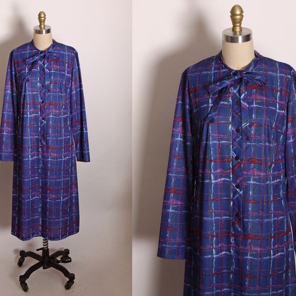 1970s Blue, Red and Purple Plaid Long Sleeve Button Up Pussybow Dress by Lady Blair -M