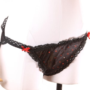 Late 1960s Early 1970s Black and Red Sheer Novelty Heart Print Underwear Panties