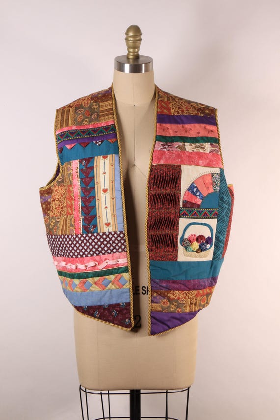 1980s Multi-Colored Patchwork Quilt Basket and He… - image 2