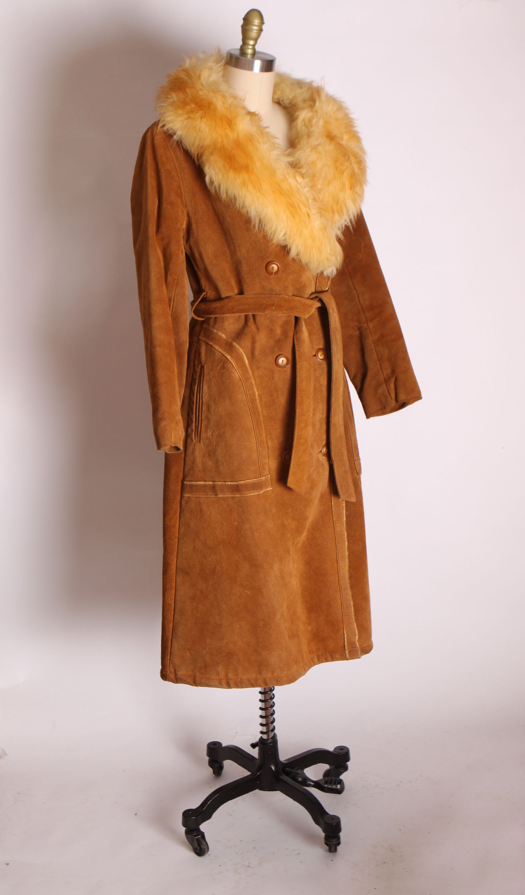 1970s Tan Suede Leather Button Down Front Fuzzy Lined Shearling Fur ...