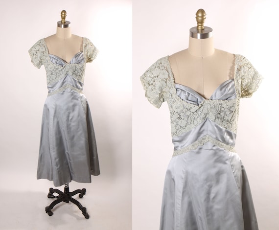 Early 1950s Pale Ice Blue Short Sleeve Sheer Lace Overlay Formal Dress by Montaldo’s -L