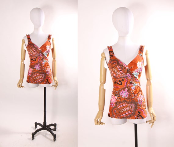 1970s Rust Brown and Pink Multi-Colored Floral One Piecd Swimsuit by Sirena -S