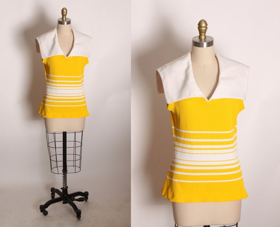 1970s Yellow and White Striped Sleeveless Sailor Collar Blouse by Act III -L