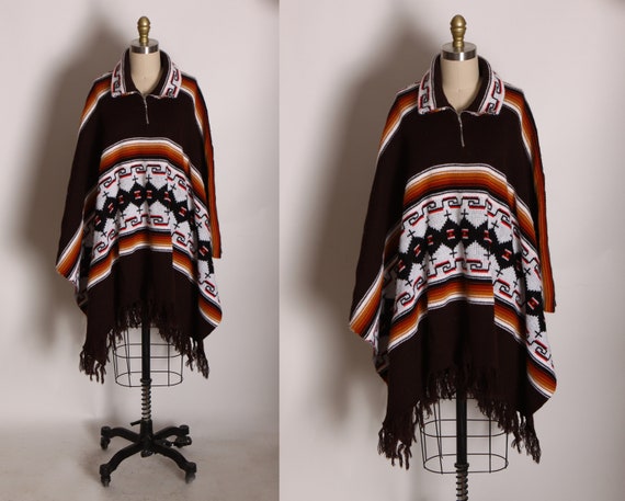 1970s Brown, Tan, Red and Black Earth Tone Woven Knit Fringe Poncho