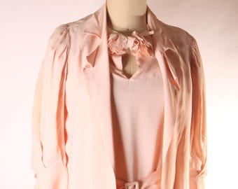 1930s Pale Pink Short Sleeve Flower Detail Belted Dress with Matching 3/4 Length Sleeve Jacket Outfit
