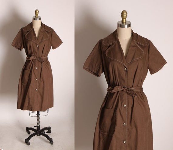 1970s Brown Button Up Short Sleeve Dog Ear Collar Belted Dress by Ship N’ Shore -L