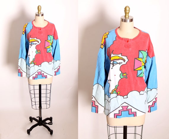 1980s 1988 Novelty Multi-Colored Woman’s Face Bedazzled Rhinestone 3/4 Length Sleeve 1960s Style Peter Max All Over Print Blouse by Neomax