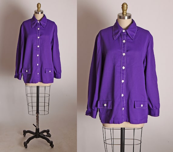 1970s Purple Knit Polyester Long Sleeve Button Up Front Pocketed Dagger Collar Shirt Blouse -1XL