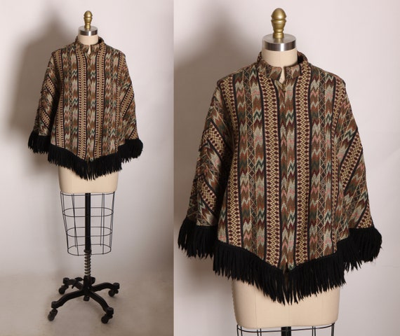 1970s Brown, Black and Earth Tone Tapestry Zig Zag Black Fringe Poncho by Cimarron Square
