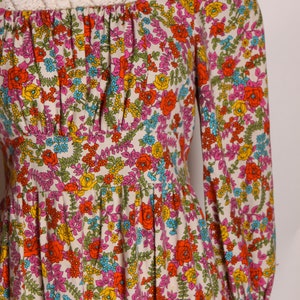1970s Pink, Red and Blue Floral Flower Power 3/4 Length Sleeve Prairie Cottagecore Dress M image 4