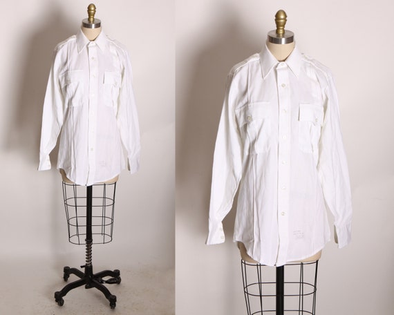 Deadstock 1970s White Long Sleeve Button Up Uniform Police Ranger Shirt by Special Duty by Elbeco -M