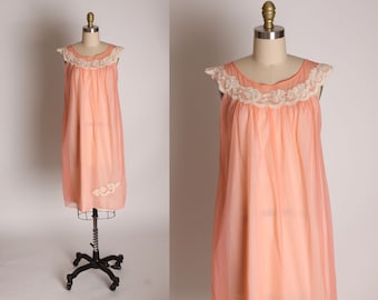 1960s Peach Pink Orange and Cream Sheer Overlay Nylon Floral Lace Night Gown by Kayser -S