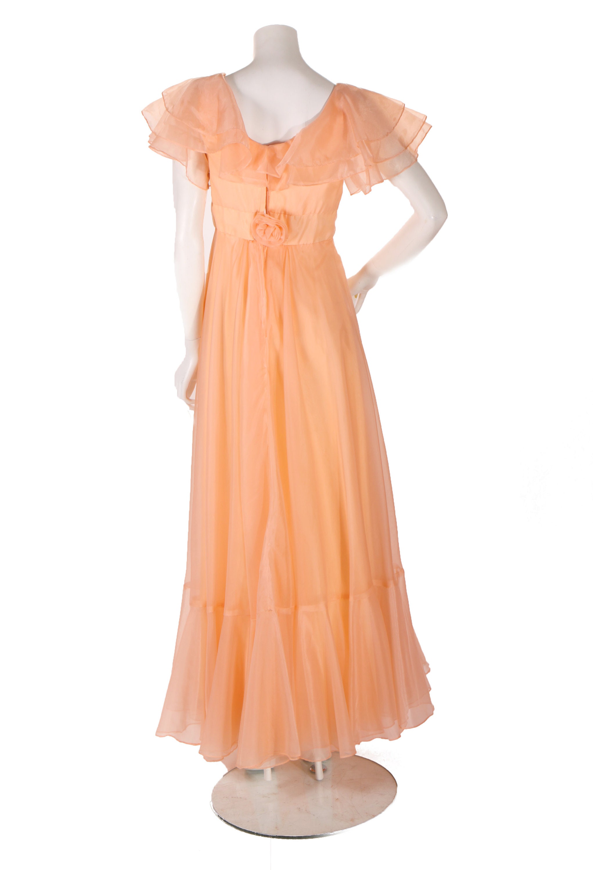 1970s Peach Pink Orange Sheer Chiffon Overlay Draped Ruffle Collar