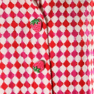 Late 1960s Early 1970s Pink, Red and White Harlequin Square Print Long Sleeve Strawberry Button Covers Blouse L image 7