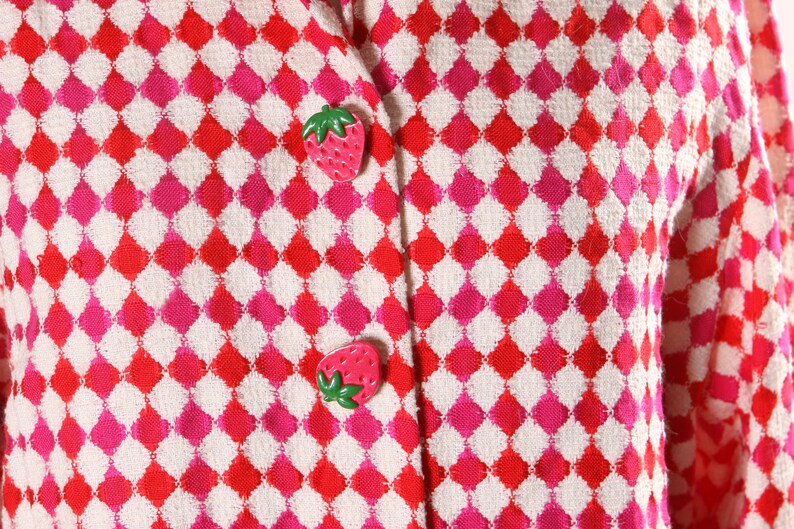 Late 1960s Early 1970s Pink, Red and White Harlequin Square Print Long Sleeve Strawberry Button Covers Blouse L image 7