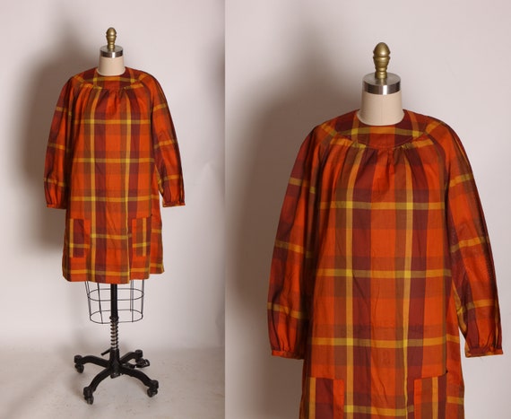 1960s Orange, Brown and Yellow Plaid 3/4 Length Sleeve Pocketed Dress -L