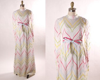 1960s White and Rainbow Striped Embroidered Long Sleeve Full Length Formal Cocktail Dress -XS