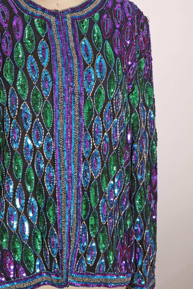 1980s Blue, Purple and Green Geometric Long Sleeve Beaded and Sequin Long Sleeve Cardigan Jacket Silk Jacket image 3