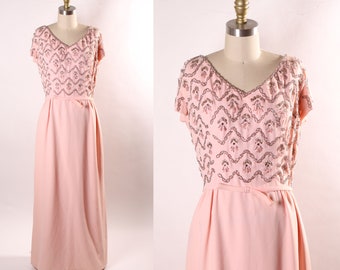 1960s Light Pink Short Sleeve Silver and Pink Beaded Full Length Formal Dress -M