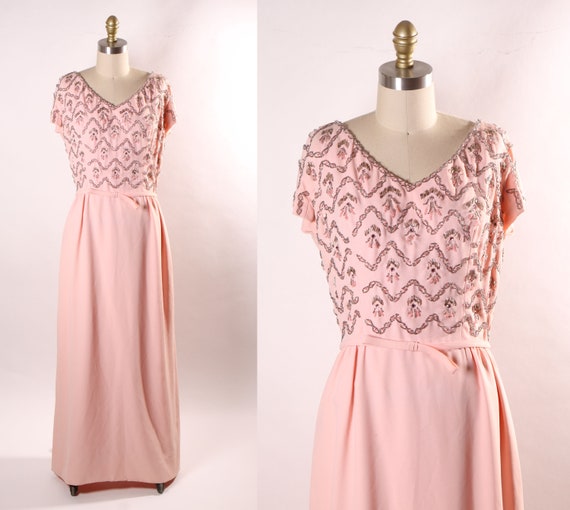 1960s Light Pink Short Sleeve Silver and Pink Beaded Full Length Formal Dress -M