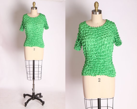 1990s Micropleat Bright Green Crinkle Popcorn Top