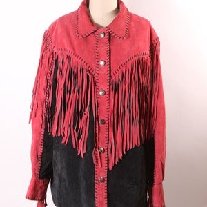 1980s Red and Black Suede Leather Fringe Long Sleeve Metal Snap Western Cowgirl Jacket Coat by Bob Mackie L image 5