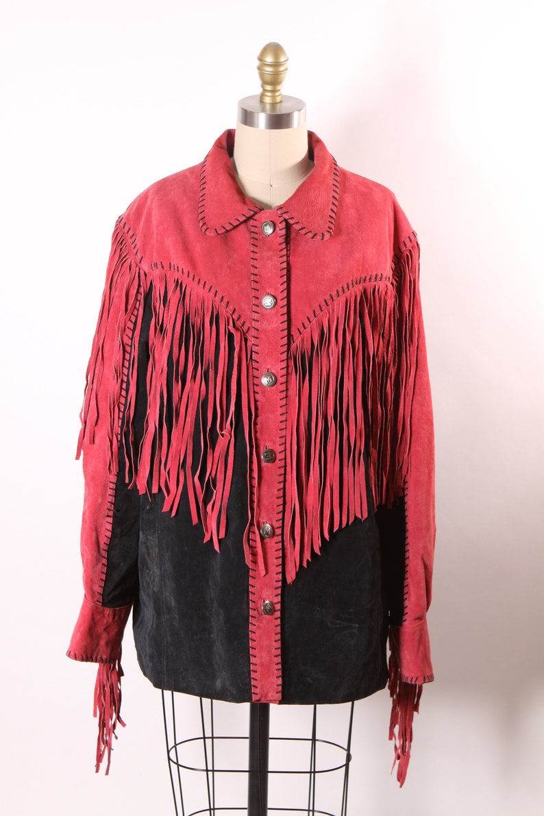 1980s Red and Black Suede Leather Fringe Long Sleeve Metal Snap Western Cowgirl Jacket Coat by Bob Mackie L image 5