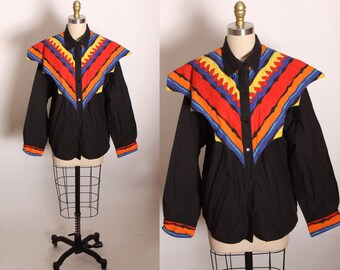 1980s Black, Red, Orange, Yellow and Blue Rainbow Southwestern Cowgirl Long Sleeve Western Blouse by Thomas Louis Habeeb South Cross -XL