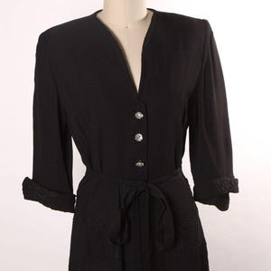 1940s 3/4 Length Sleeve Black Checker Style Rhinestone Button Dress -M