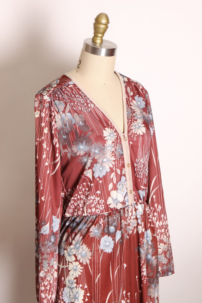1970s Burgundy, Cream and Blue Fall Foliage Floral Flower Print Long Sleeve Dress L image 5