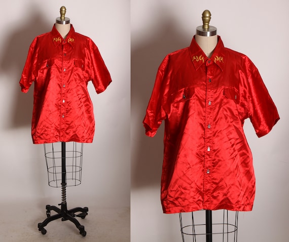 1990s Y2K Red Satin Short Sleeve Button Up Novelty Flame Shirt by Dragonfly Clothing Company -L