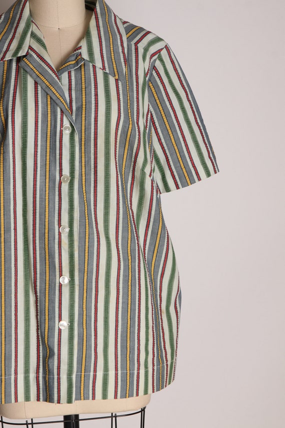 1950s Gray Green Red and Yellow Striped Short Sle… - image 2