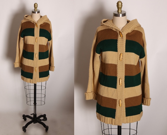 1970s Tan, Brown and Forest Green Knit Striped Long Sleeve Sweater Cardigan by Venture -M