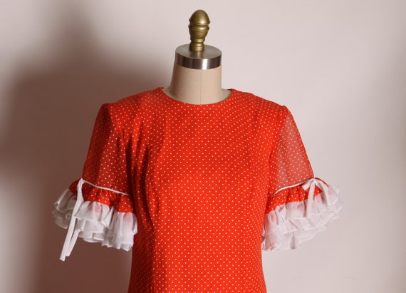 1970s Red and White Polka Dot Short Sleeve Sheer … - image 3