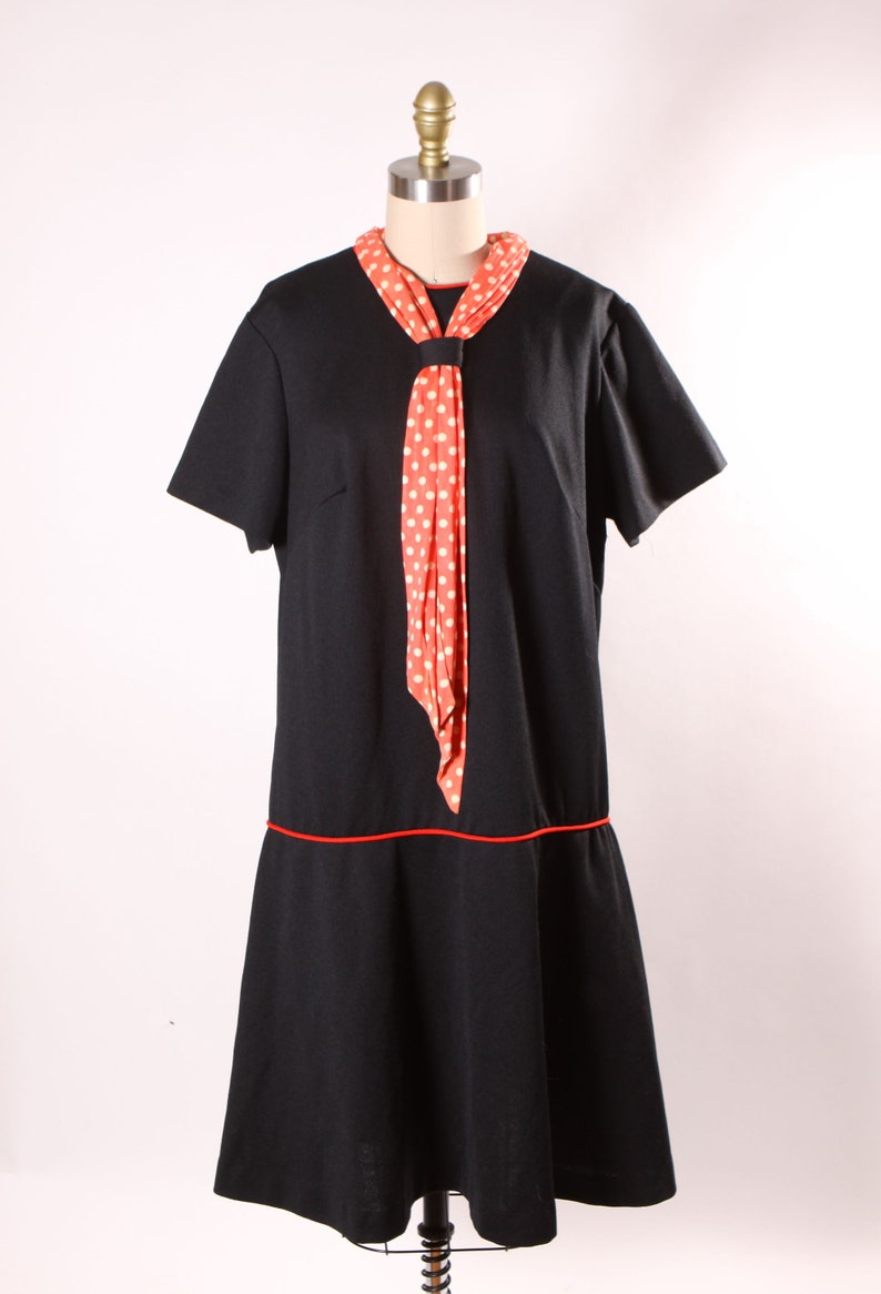 1960s Black and Red Short Sleeve Plus Size Volup Red Trim Polka Dot Scarf Scooter Dress by ShipShape XL image 2