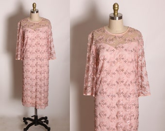1960s Sheer Pink Lace Sequin Beaded 3/4 Length Sleeve Volup Shift Dress by Baronessa -2XL