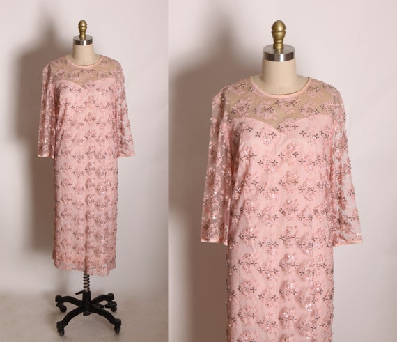 1960s Sheer Pink Lace Sequin Beaded 3/4 Length Sleeve Volup Shift Dress by Baronessa -2XL