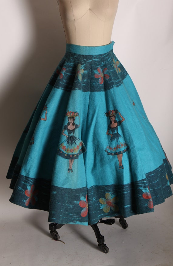 1970s Does 1950s Turquoise Blue Felt Mexican Skir… - image 3