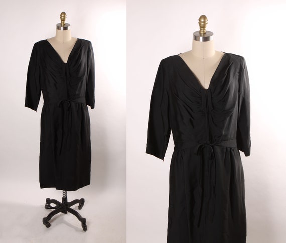 Late 1940s Early 1950s Black Half Sleeve Ruched Bodice Waist Tie Dress -L