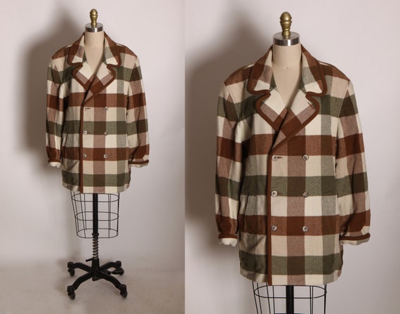 1980s Cream Off White, Brown and Green Long Sleeve Plaid Button Up Blazer Jacket by Liz Wear Petite -L