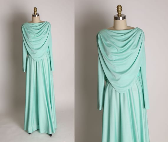 1970s Seafoam Green Blue Long Sleeve Cowl Draped Neck and Back Formal Full Length Dress -M