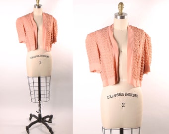 1940s Light Pink Ruched Bodice Open Front Short Sleeve Cropped Jacket -L