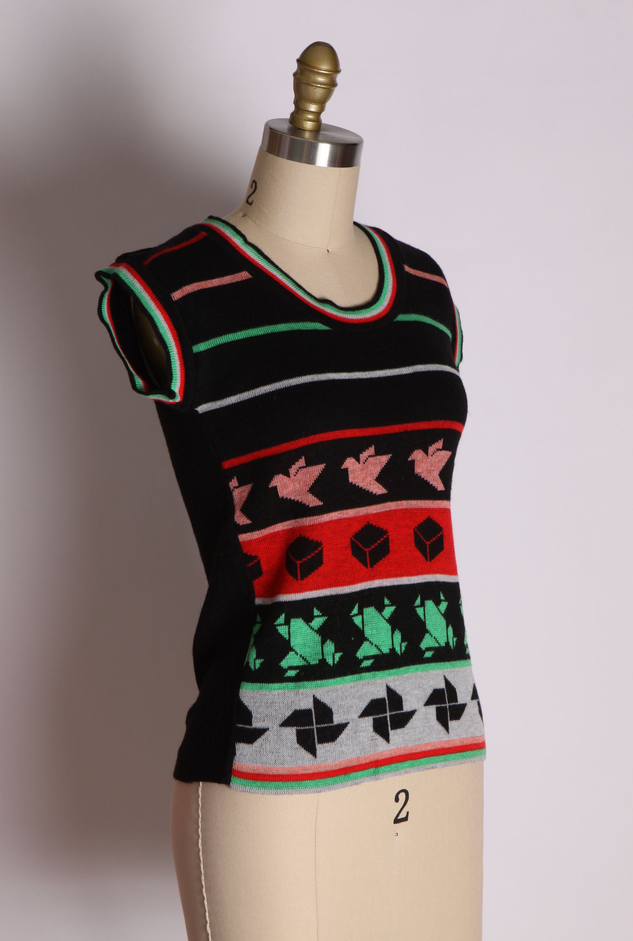 1970s Novelty Black, Green, Pink and Red Origami Crane Sweater Vest -XS-S