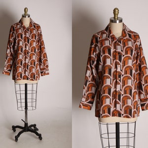 1970s Brown, Orange and Tan Mod Retro Long Sleeve Button Up Blouse L image 1