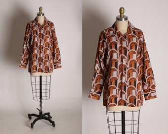 1970s Brown, Orange and Tan Mod Retro Long Sleeve Button Up Blouse -L