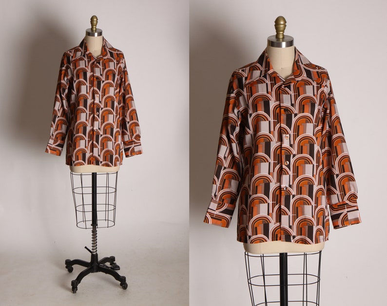 1970s Brown, Orange and Tan Mod Retro Long Sleeve Button Up Blouse L image 1